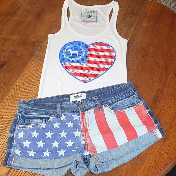 PINK Victoria's Secret Pants - VS PINK American Flag Denim Shorts And Tank Top